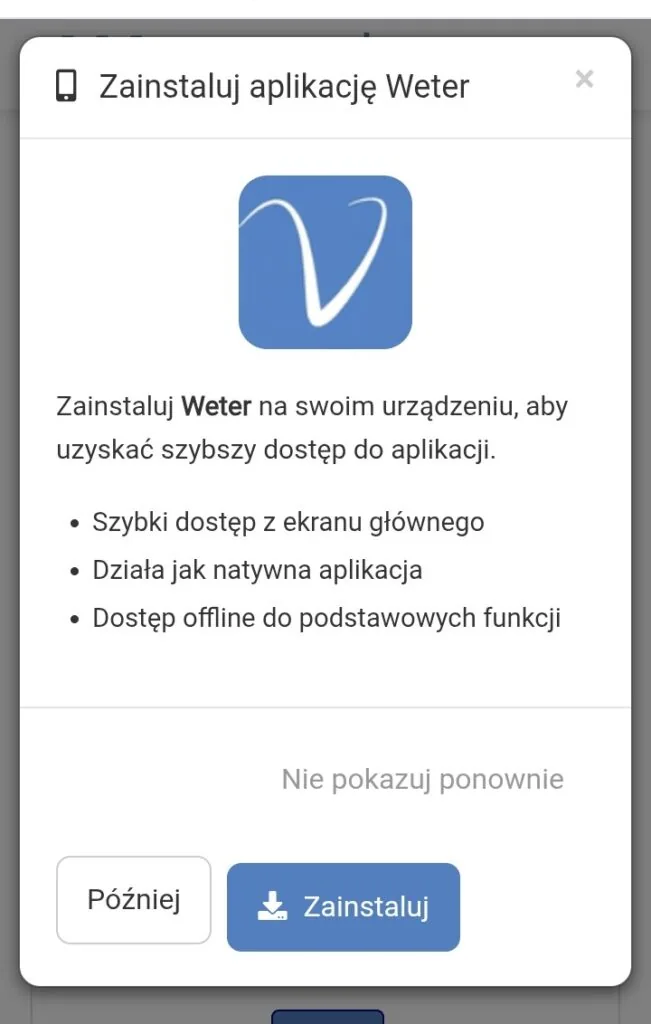 Zrzut ekranu: kliknij Zainstaluj aplikację Weter