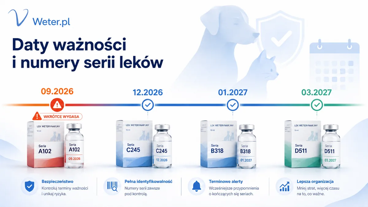 Daty ważności i numery serii leków weterynaryjnych na osi czasu z oznaczeniem partii wymagającej uwagi