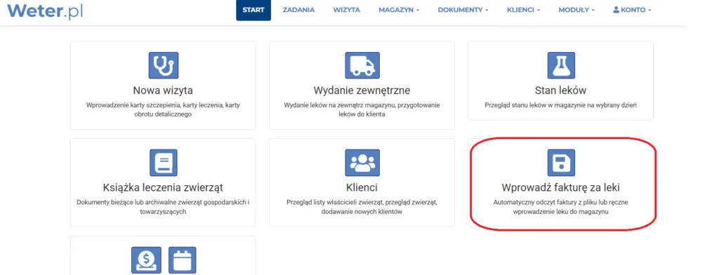 Zrzut ekranu: przejdź do modułu faktur zakupowych w Weter.pl