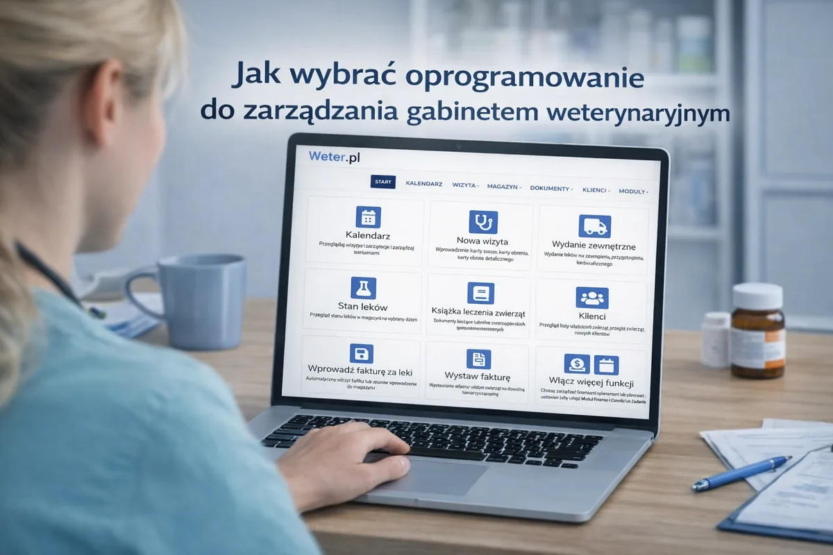 Oprogramowanie do zarządzania gabinetem weterynaryjnym na ekranie komputera w nowoczesnym gabinecie weterynaryjnym