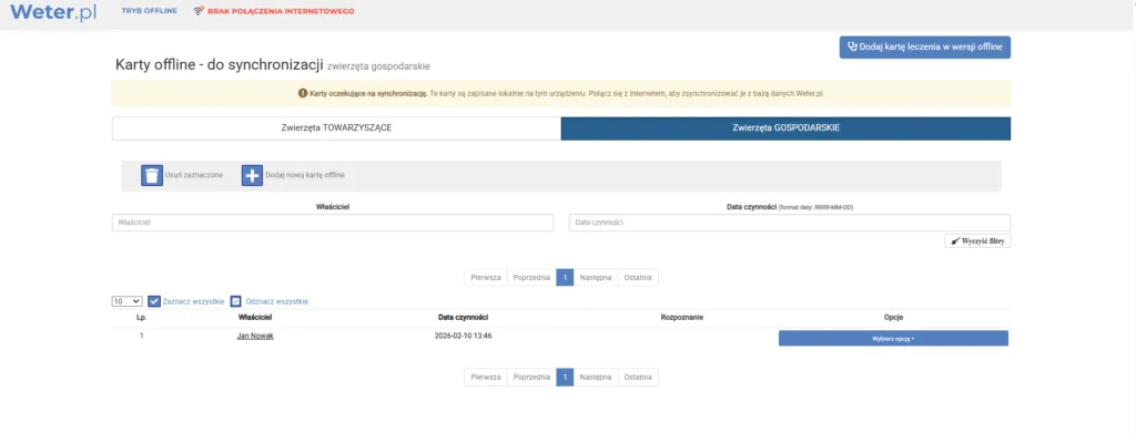 Zrzut ekranu: lista kart do synchronizacji