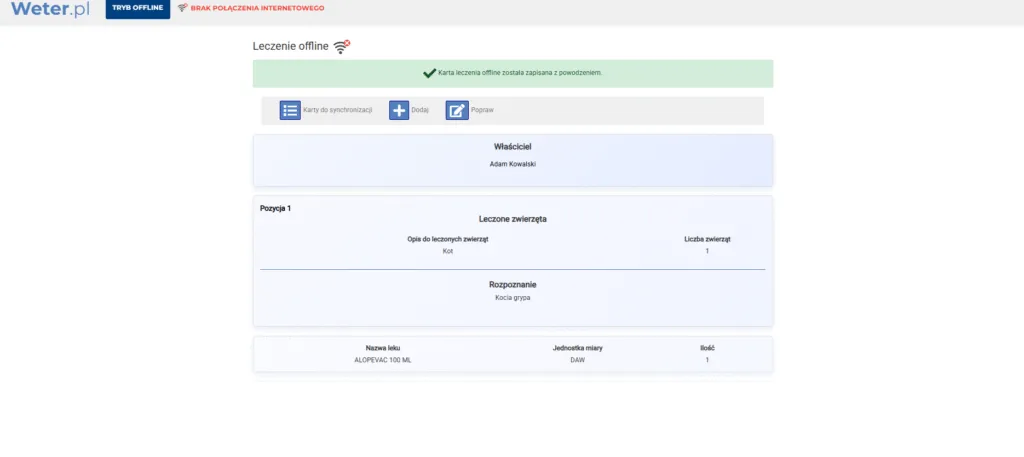 Zrzut ekranu: zapis karty leczenia offline