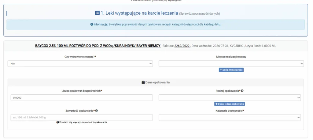 Zrzut ekranu: leki występujące na karcie leczenia