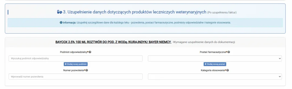 Zrzut ekranu: uzupełnienie danych dotyczących produktów leczniczych