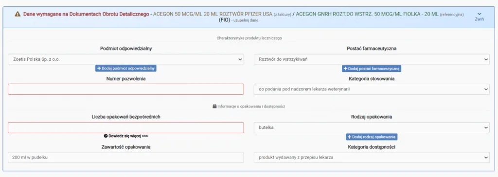Zrzut ekranu: dodaj dane wymagane na Dokumentach Obrotu Detalicznego