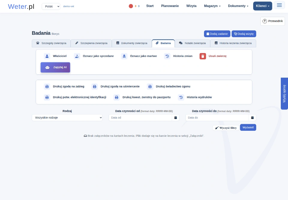 Zakładka Badania zwierzęcia z filtrami rodzaju i dat oraz informacją o braku załączników na kartach leczenia.