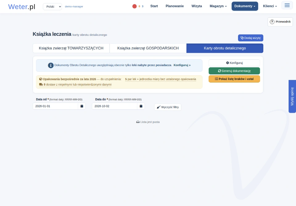 Ekran Kart obrotu detalicznego z datami zakresu, informacją o brakach opakowań oraz przyciskami Konfiguruj i Generuj dokumentację.