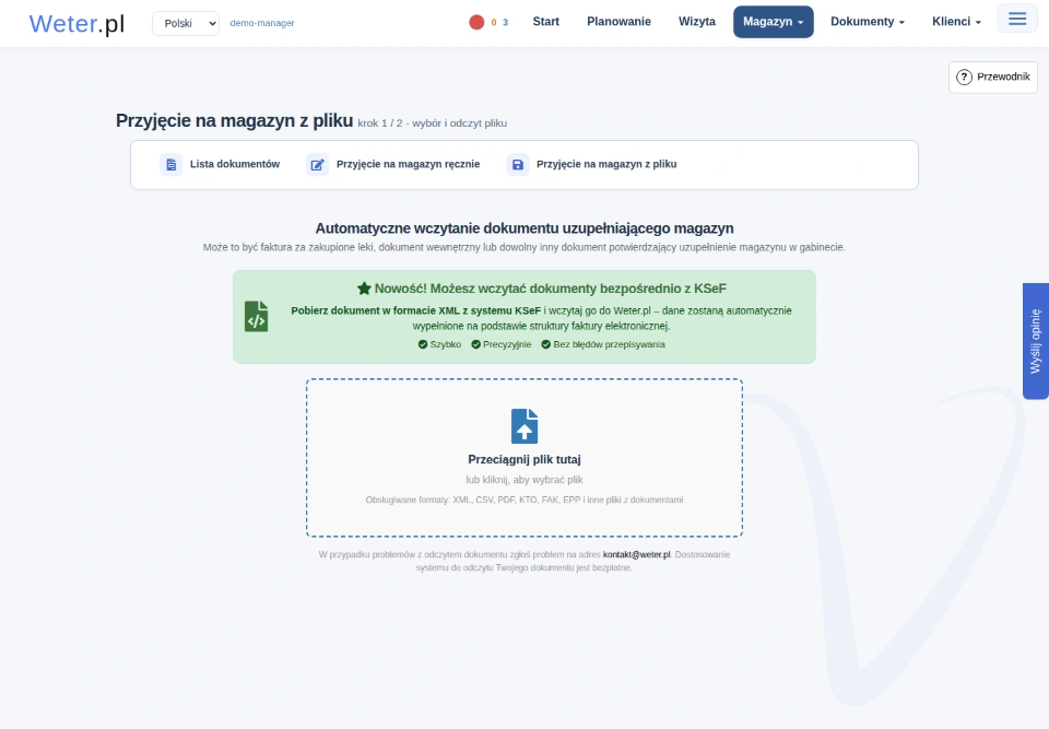 Przyjęcie dostawy z pliku z polem wyboru dokumentu i instrukcją podglądu przed zapisaniem.