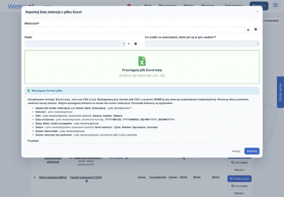 Okno importu zwierząt z wyborem właściciela, pola pliku Excel i zasad przygotowania danych.