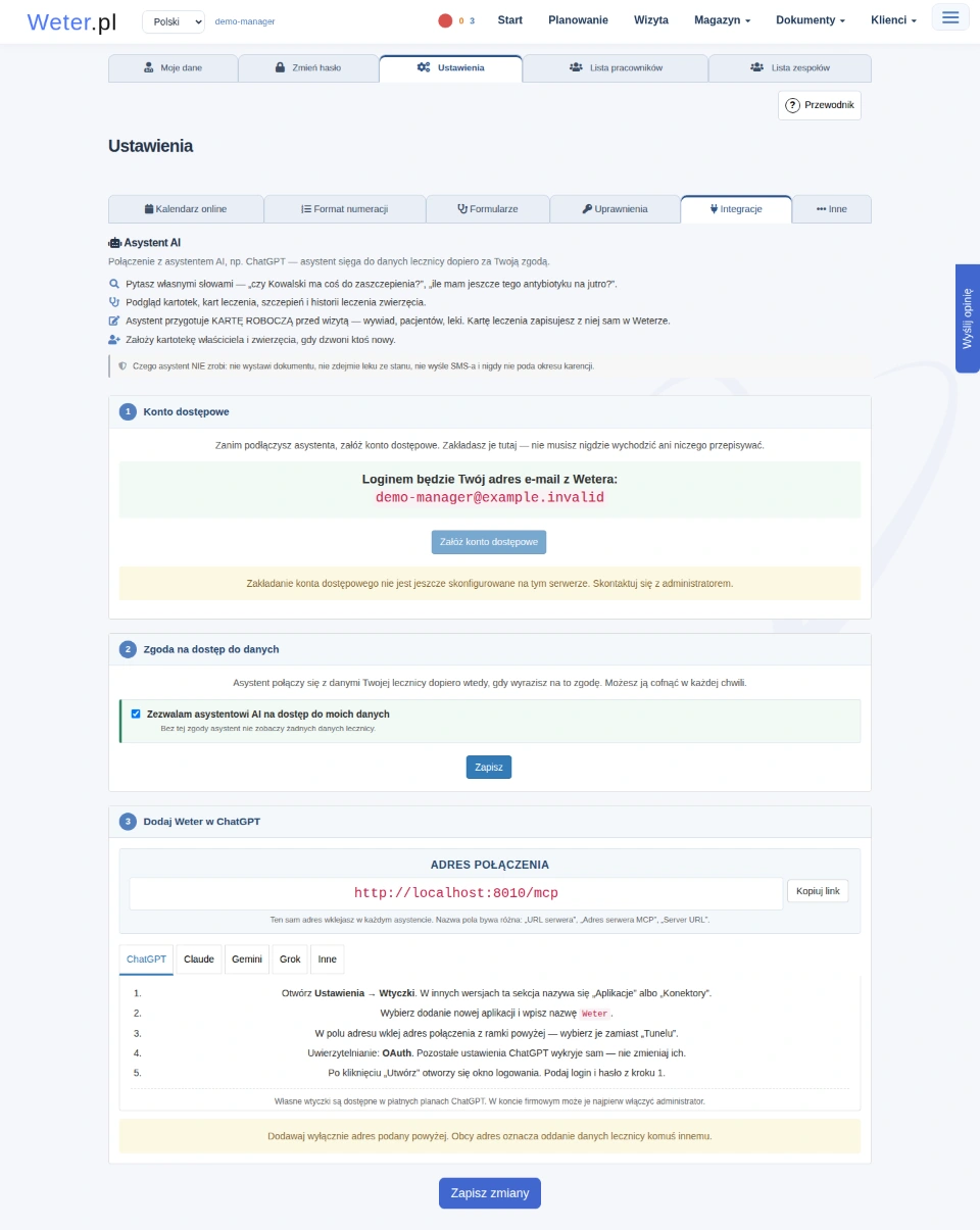 Zakładka Integracje z opisem asystenta AI, danymi konta dostępowego i informacją, że zakładanie kont nie jest jeszcze skonfigurowane na serwerze.