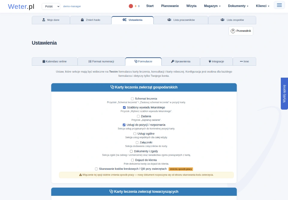 Ustawienia formularza karty leczenia z wyborem formularza i przełącznikami pól.