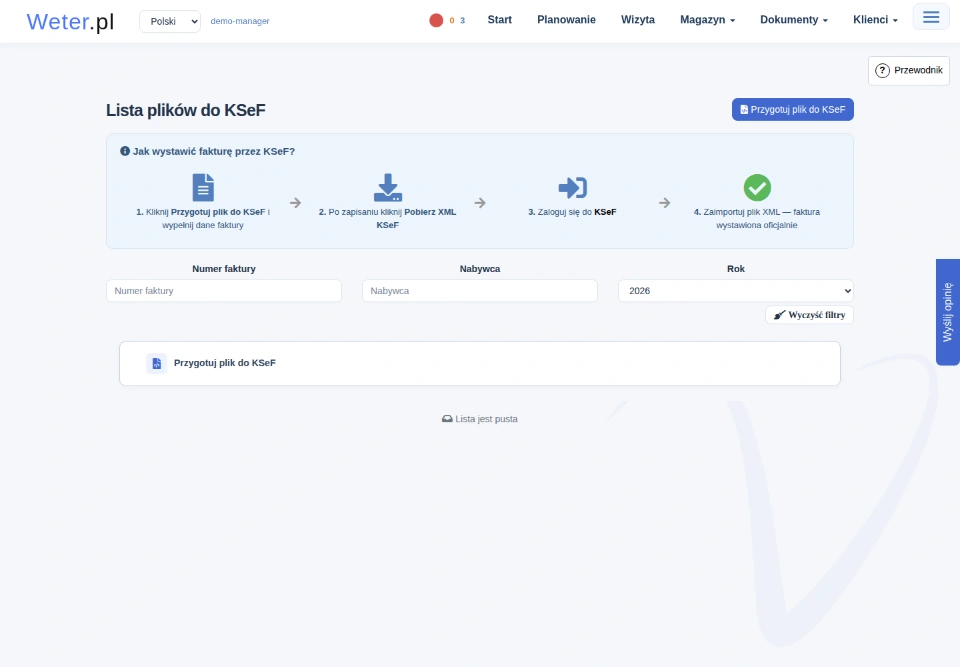 Ekran Lista plików do KSeF z instrukcją przygotowania XML, filtrami i pustą listą.