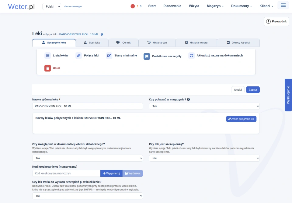 Szczegóły leku z nazwą, ustawieniami widoczności i dokumentacji obrotu oraz zakładkami Stan leku, Cennik, Historia i Okresy karencji.