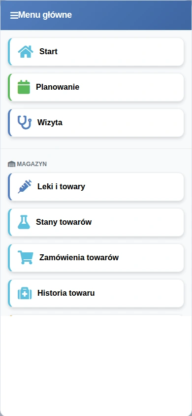 Rozwinięte menu Wetera na telefonie z pozycjami Start, Planowanie, Wizyta oraz początkową częścią obszaru Magazyn.