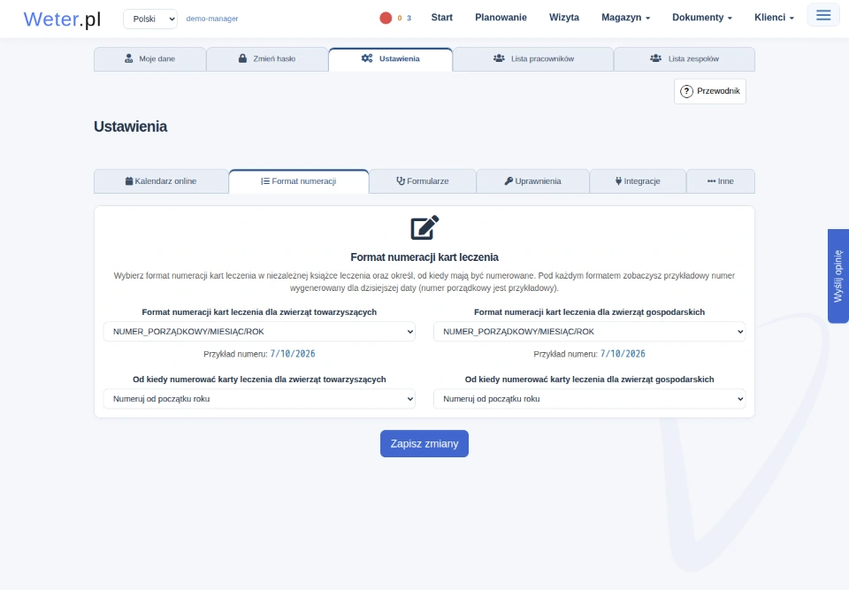 Ustawienia numeracji dokumentów z polami formatu i podglądem przykładowego numeru.