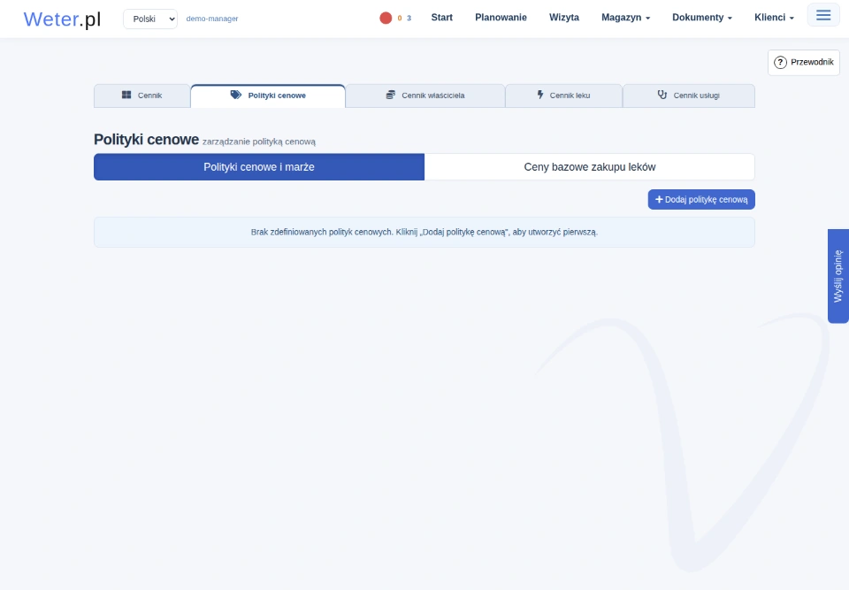 Ekran Polityki cenowe z zakładkami Polityki cenowe i marże oraz Ceny bazowe zakupu leków, przyciskiem Dodaj politykę cenową i pustą listą.