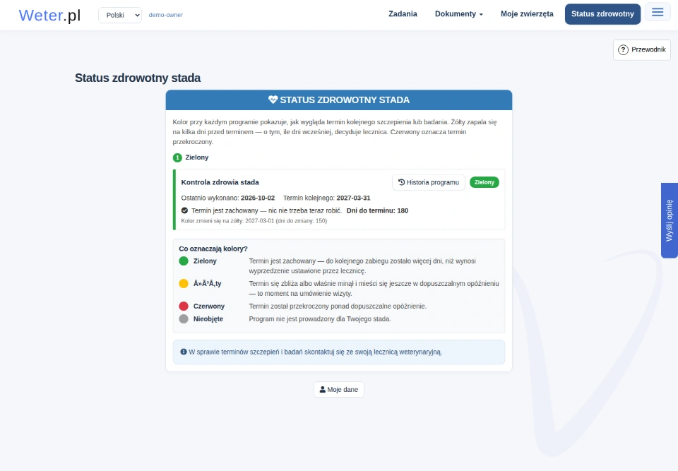 Status zdrowotny w portalu właściciela z programami i kolorami terminów.