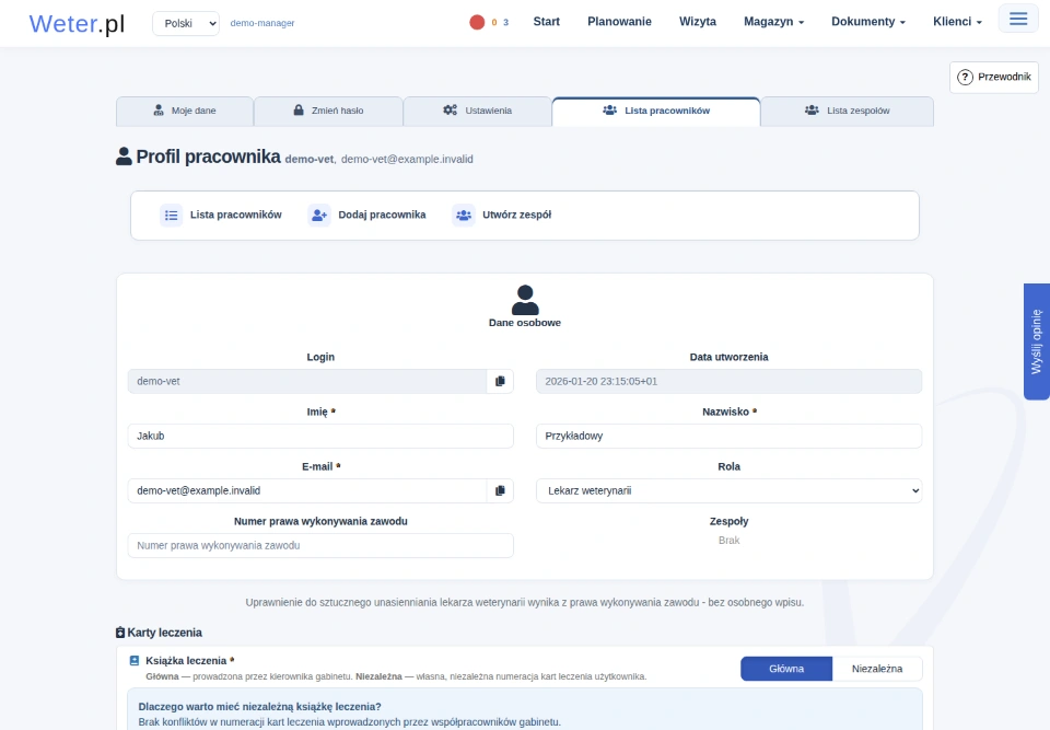 Profil pracownika z danymi osobowymi, wyborem roli oraz początkiem ustawień książki leczenia.