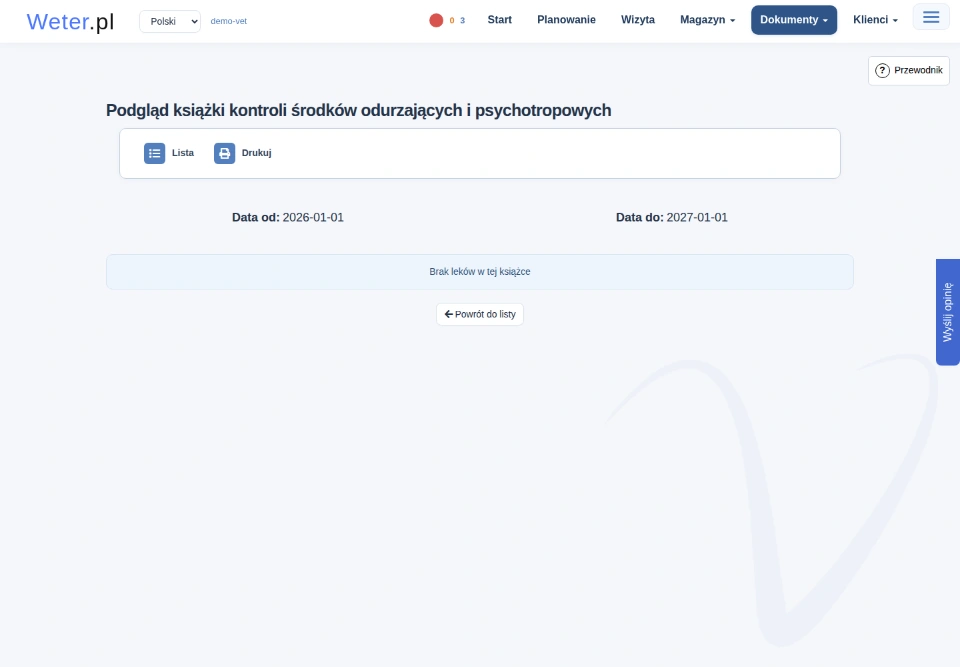 Podgląd książki kontroli środków odurzających i psychotropowych z okresem, przyciskiem Drukuj i informacją o braku leków.