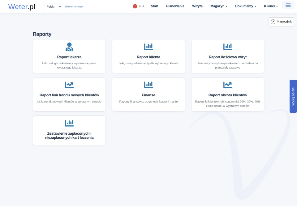 Ekran wyboru raportu z kafelkami raportu lekarza, klienta, liczby wizyt, finansów i obrotu klientów.
