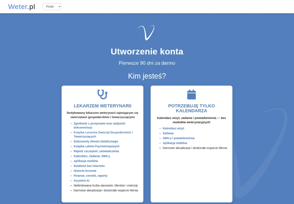 Początek tworzenia konta z wyborem Lekarzem weterynarii lub Potrzebuję tylko kalendarza.