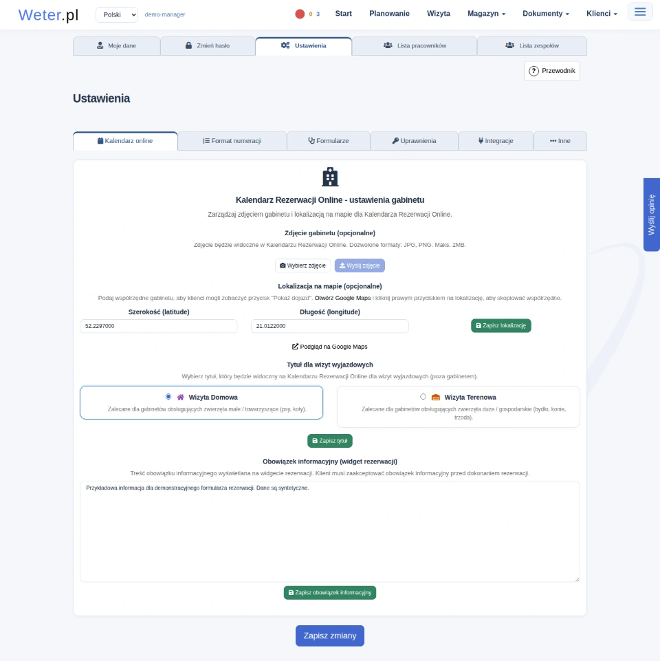 Ustawienia Kalendarza Rezerwacji Online z polami zdjęcia, lokalizacji, tytułu wizyt wyjazdowych i obowiązku informacyjnego.