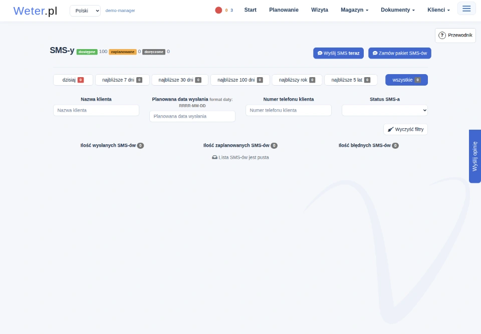 Ekran SMS-y z dostępną pulą, filtrami okresu, klienta, numeru i statusu oraz pustą listą.