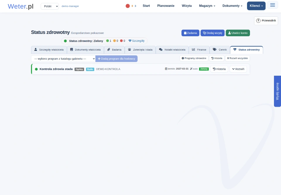 Status zdrowotny właściciela z programami, kolorami terminów i dostępnymi działaniami.
