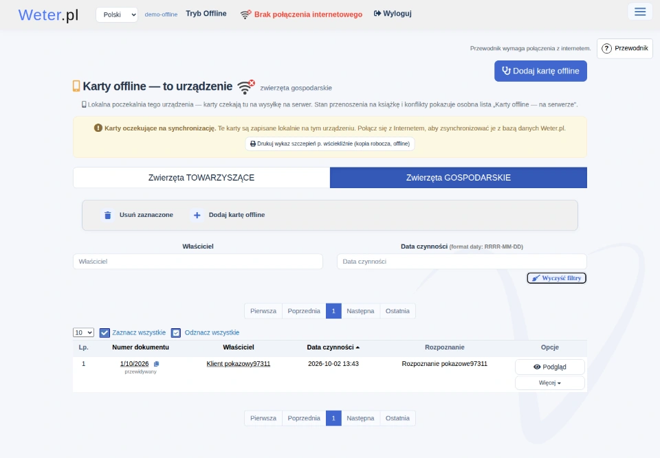 Karty offline zapisane na tym urządzeniu, oczekujące na połączenie i synchronizację.