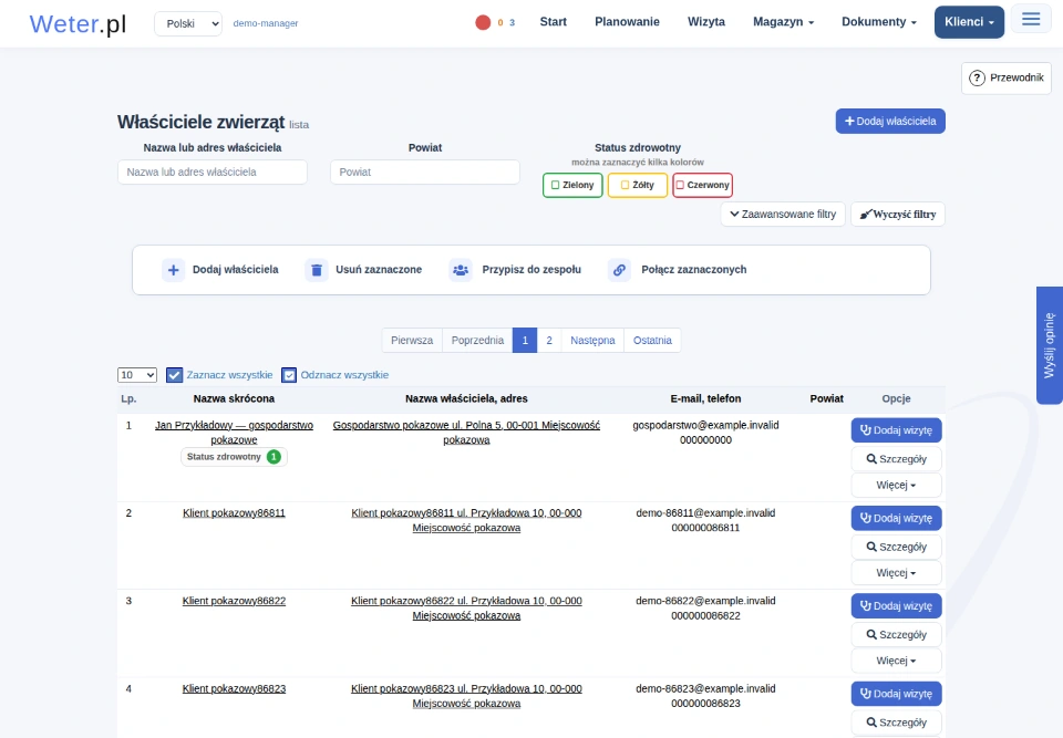 Lista właścicieli z wyszukiwaniem, przyciskiem Dodaj właściciela i działaniami przy osobie.