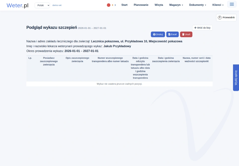 Podgląd wykazu szczepień z danymi gabinetu i lekarza, okresem, przyciskiem Drukuj oraz tabelą bez pozycji.