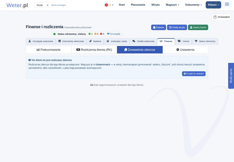 Zakładka Zestawienia zbiorcze właściciela z informacją, że rozliczenia zbiorcze są wyłączone, i przyciskiem Przejdź do ustawień.